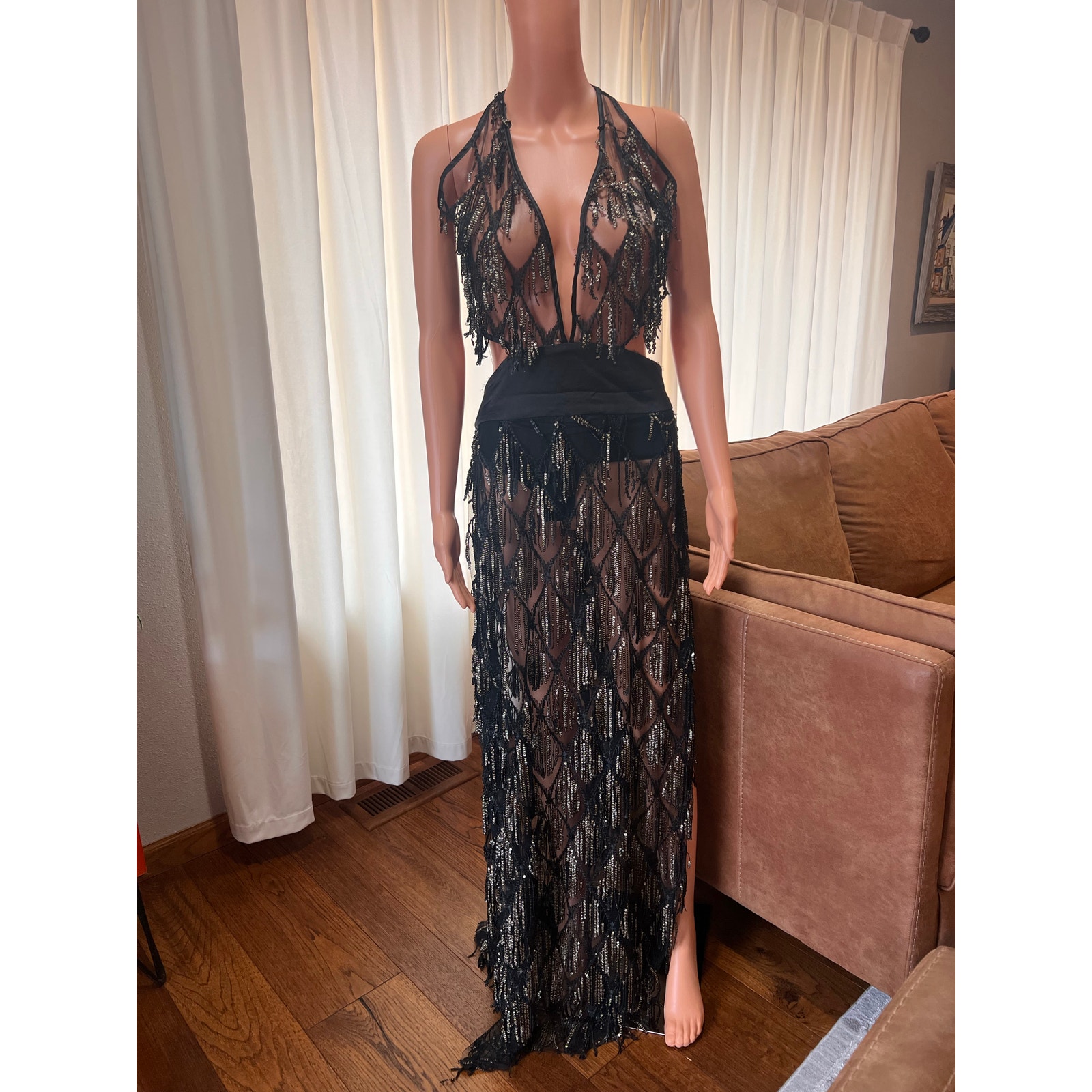 Fashion Nova Sheer Black Gold Fringe Show Halter Dress 2xl Y3k Maximalist Goth